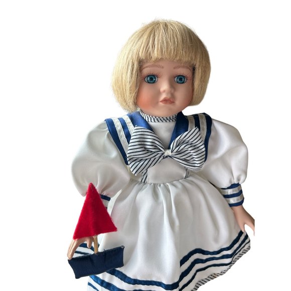 Vintage Porcelain Doll Dressed in a Sailor Dress 15 Inches Tall - Stand Included - Picture 5 of 7